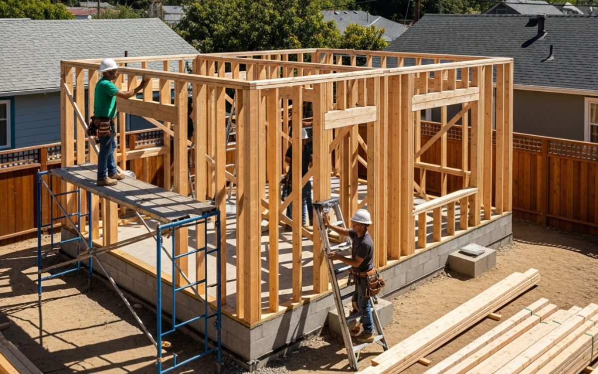 Contractors framing an ADU on a slab foundation